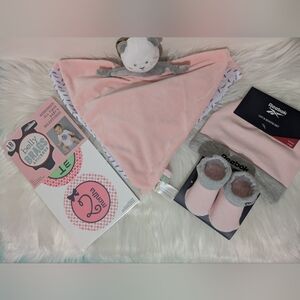Saro Pink Baby Blanket Lovey Reebok Booties Hat Set & Milestones Belly Brags!
